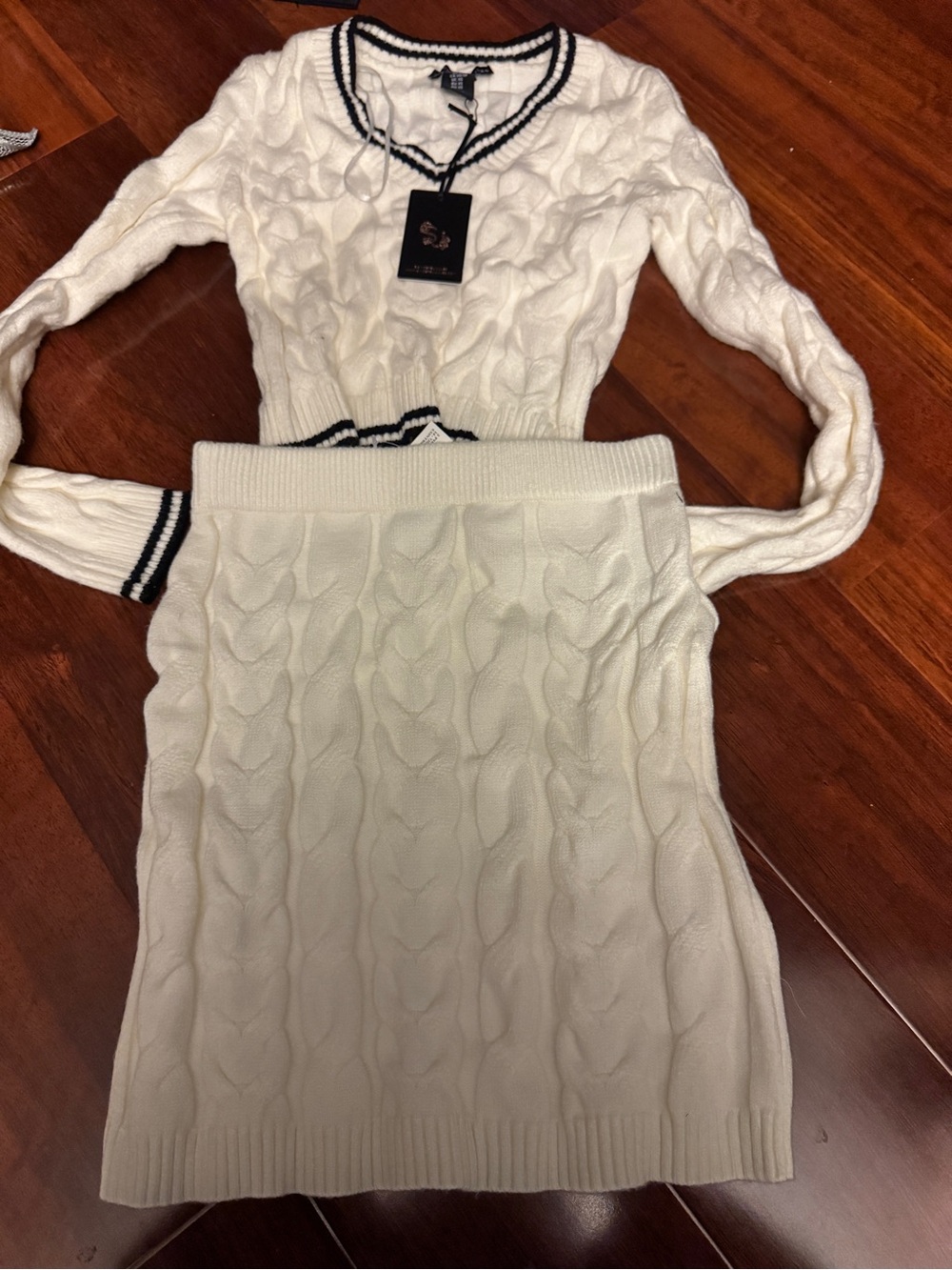 Sincerely Jules Cream Cable-Knit Pencil Skirt with Navy Trim
